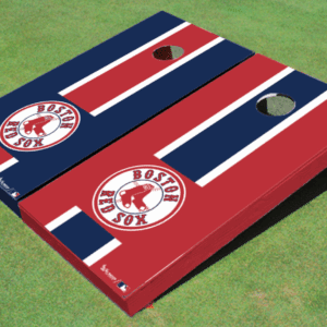 photo of boston red sox alternating long stripe cornhole boards