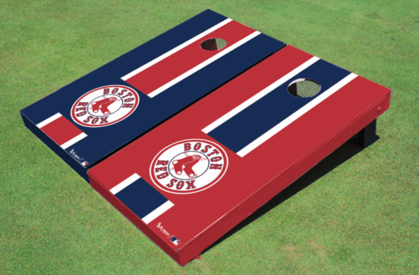 photo of boston red sox alternating long stripe cornhole boards